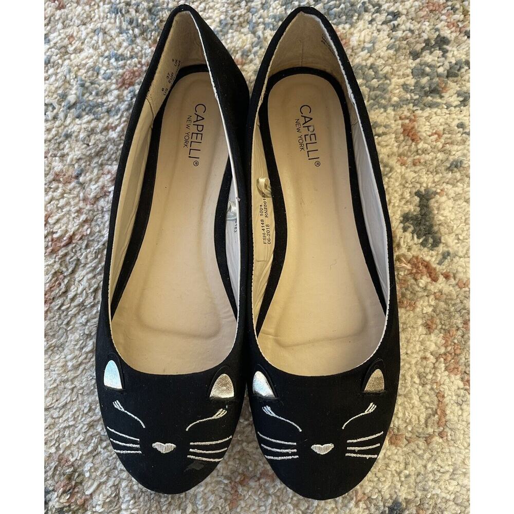 Black Cat Face Slip On Shoe Vegan Faux Suede Kitty Wink Fun Flats Women’s 6